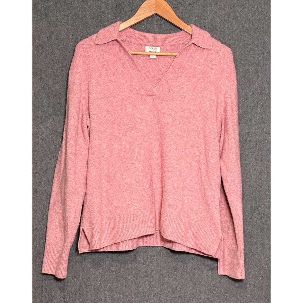 J.Crew Extra-Soft Pink Polo Sweater V-Neck Long Sleeve Knit CE966 Womens Medium